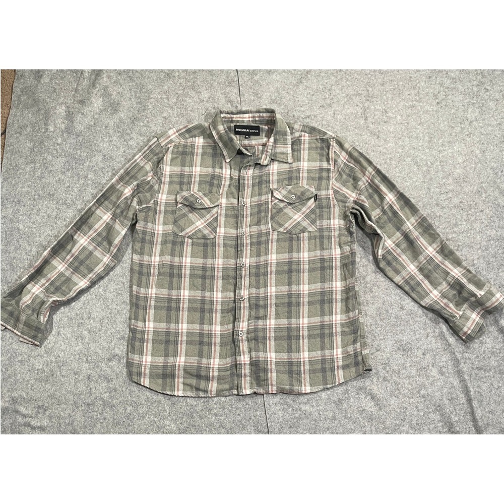 Molokai Surf Co Mens Flannel Shirt XXL Olive Green Gray‎ Plaid Button Down L/S
